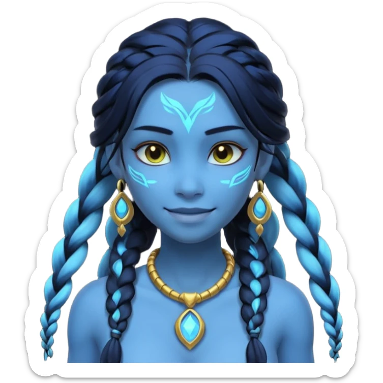 avatar-style Na’vi female portrait, head and shoulders only, blue skin, glowing bioluminescent markings, long braided hair, subtle tribal jewelry, confident smile, 3D cartoon, mobile game icon style, clean background, no text, no watermark
 sticker