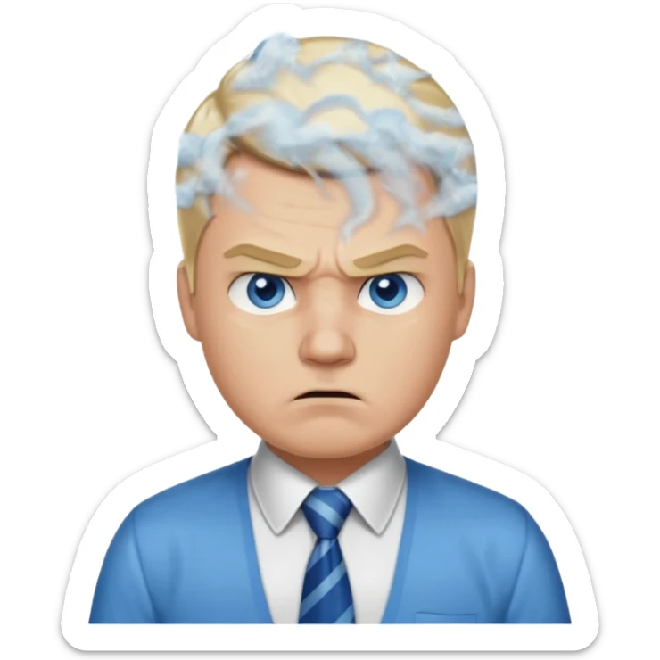 A guy with blonde hair and blue eyes that looks masculine. make him wear a shirt with a tie. he is danish. He is very angry with a red face and steam above his head sticker