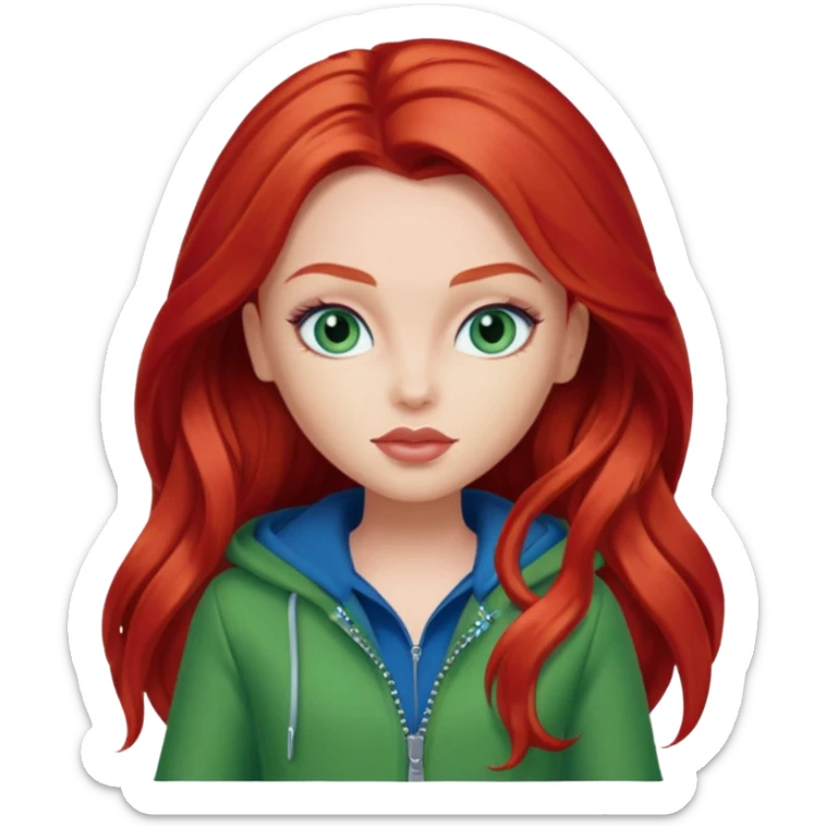 Bratz Meygan red long hair blue eyes, green outfit sticker