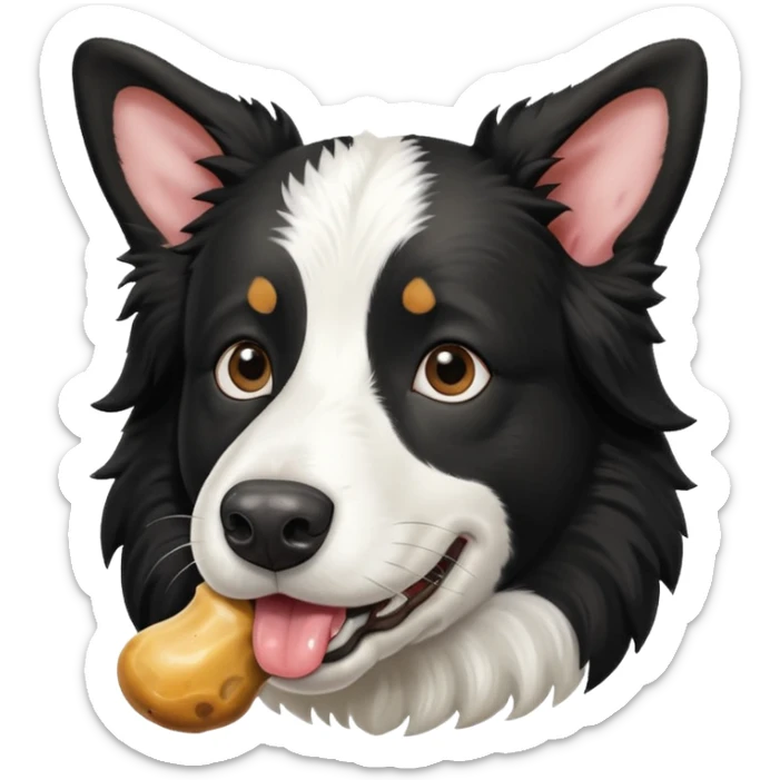 A black and white border collie has a cow's hoof in her mouth. sticker