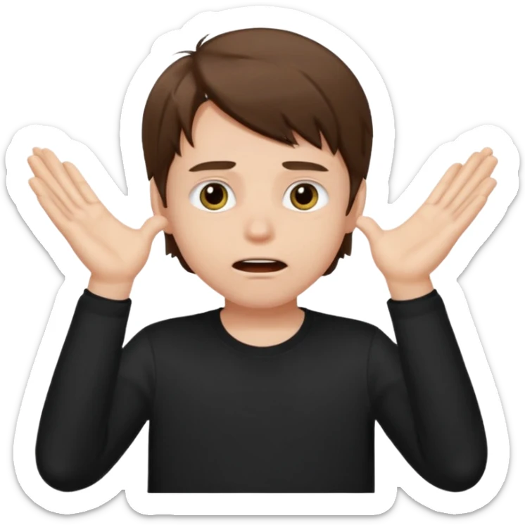 apple style emoji of a white boy with slightly large brown hair (less large than before), wide open eyes, wide open mouth, hands covering his eyes, wearing a black shirt sticker
