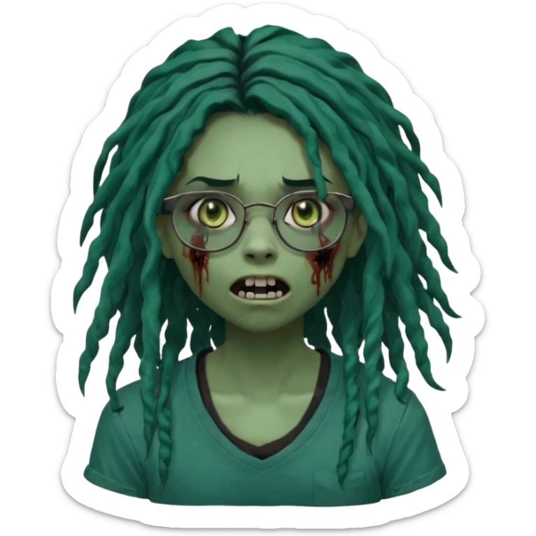 One girl greenskinned, zombie with glasses, with ombre black roots, dark teal long locks & side bang of her locs that fall over slightly covering the right eye, a sinister expression w/ the mouth open, teeth showing, and the jaw uneven. with a small wound near its mouth, her locks curly, black shirt sticker