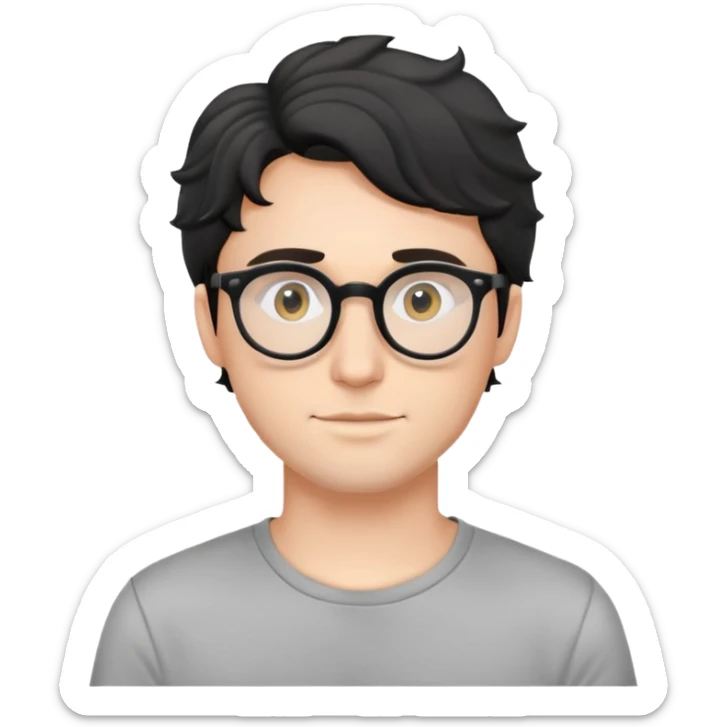 Young caucasian man with black wavy hair, round glasses, simple grey t-shirt sticker