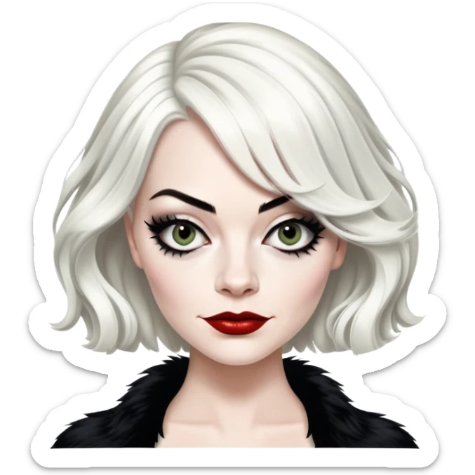emma stone as Cruella with left side of the hair blad and the other half white sticker