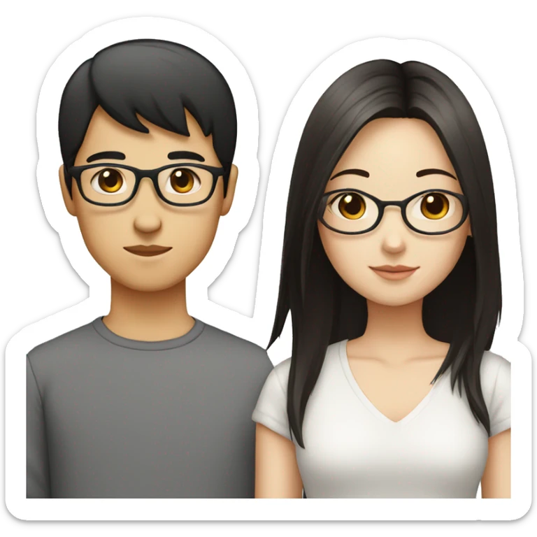 Chinese boy with brown straight hair with glasses with a white girl with black and straight hair sticker