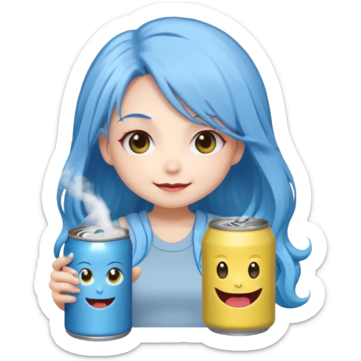 Chibi sticker of a woman with very long powder blue hair with white eyes holding a can of white Monster with a smug smile sticker
