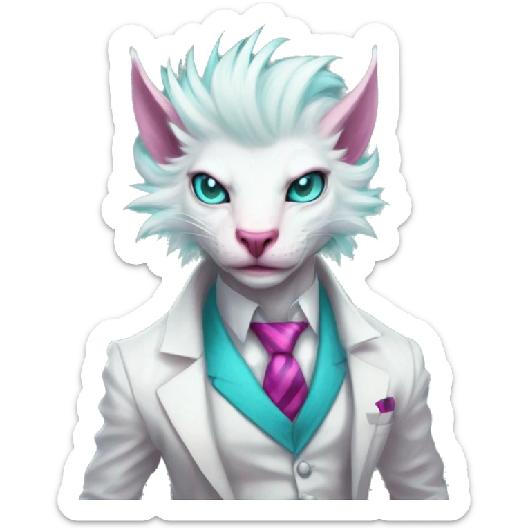 White elegant beautiful natural cute badass epic anthro modern albino Trico-vernid-Fakémon with cyan mane and magenta eyes with cyan edgy stripes, anthropomorphic, two-legged, digitigrade, full body sticker