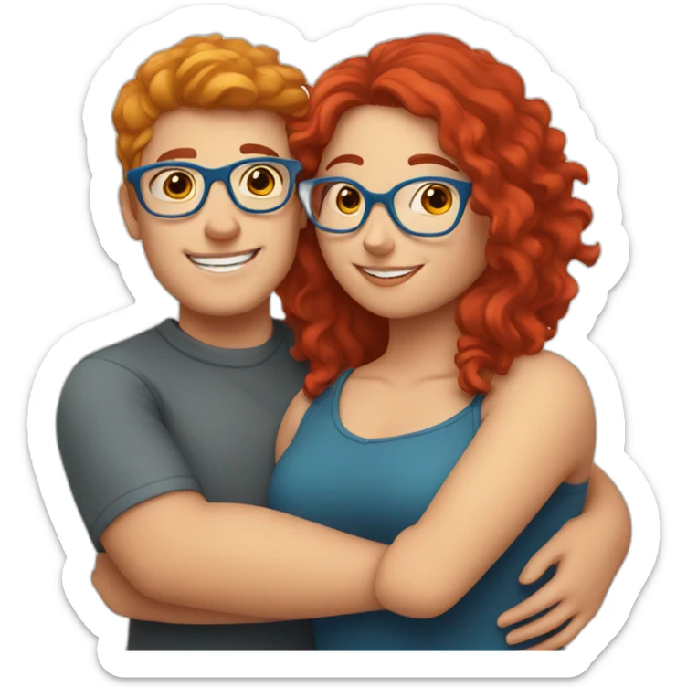 a boy and a curvy girl with red hair and blue glasses hugging sticker