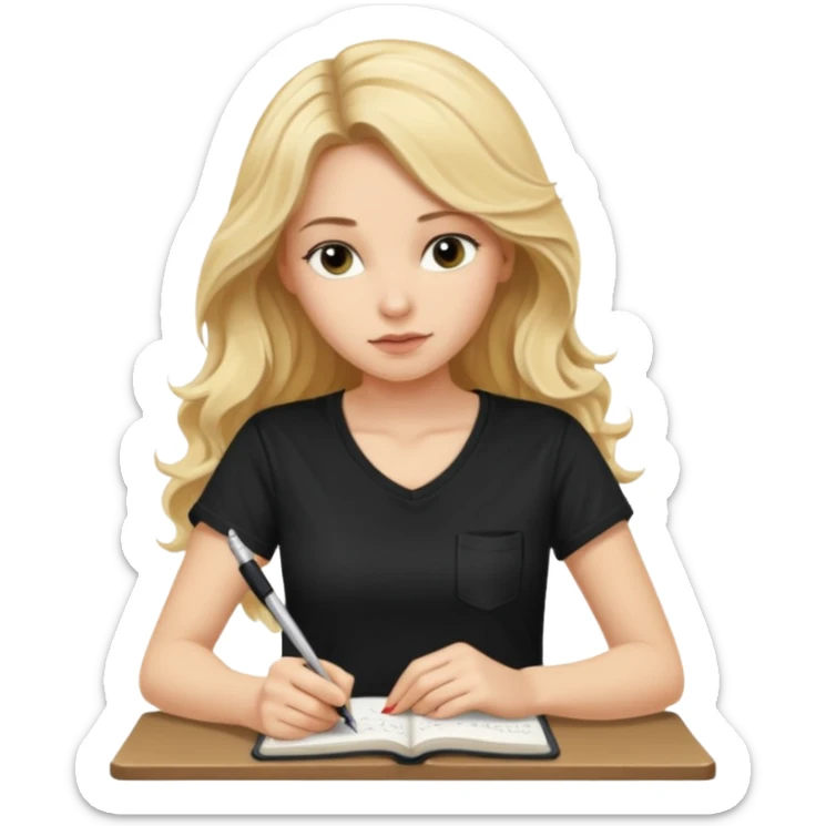 a beautiful blonde with long wavy hair-in-a-black-t shirt-a writes in a diary with a pen sticker
