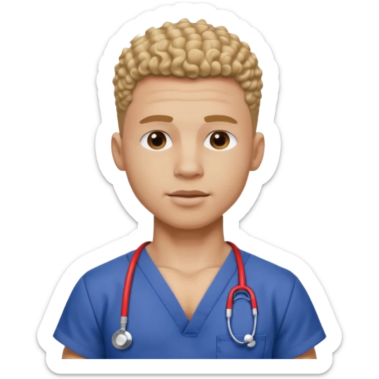 Ripped, athletic man with thick neck, high top fade with no part, curly hair only top only, no shirt and show waistline up add scrubs sticker