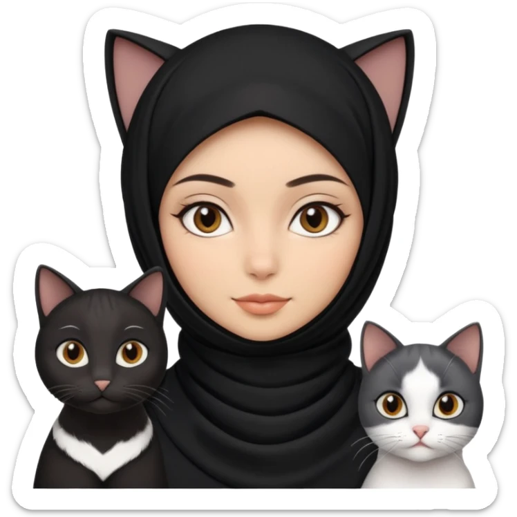 A girlhuman with brownblack eyes and black hijab. and three cats, two blackwhite and one grey cats animals  sticker