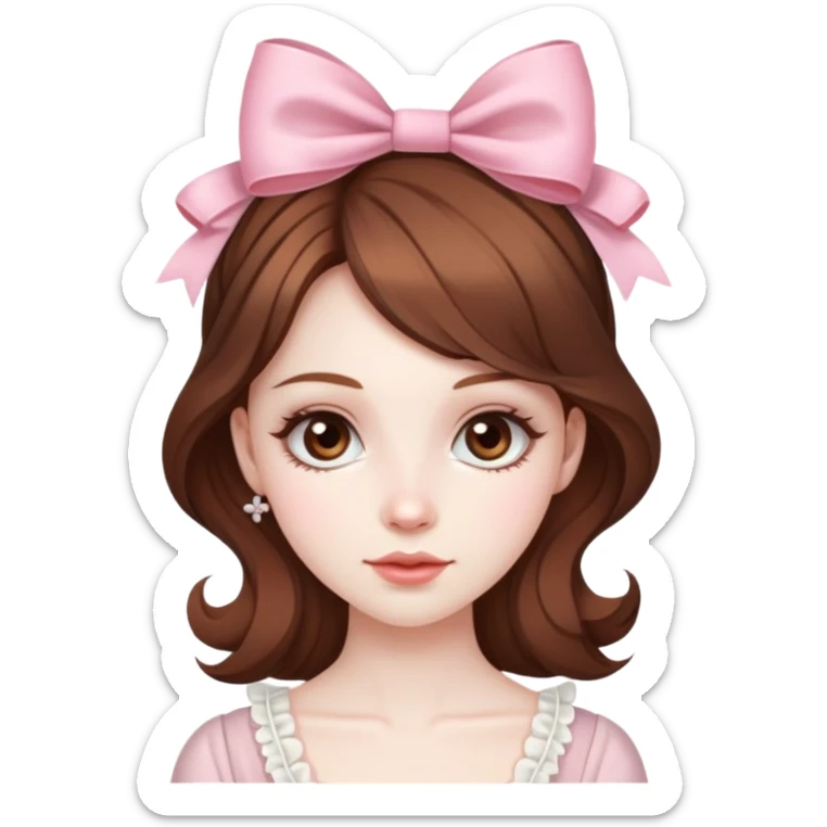 pale skin coquette girl with brown hair, bows, dainty, feminine sticker