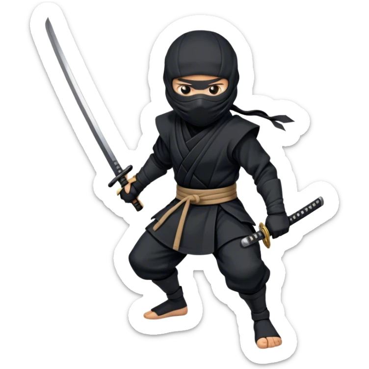  A emoji cartoon-style digital illustration of a ninja dressed in a full black outfit with a face mask, leaving only the eyes visible. The ninja has a serious and focused expression. A katana sword is strapped to their back, with the handle visible over one shoulder. The background is plain white sticker