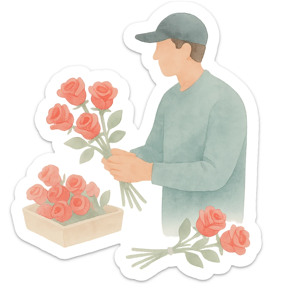 rose farm emoji showing grading and bunching of roses, watercolor art style sticker