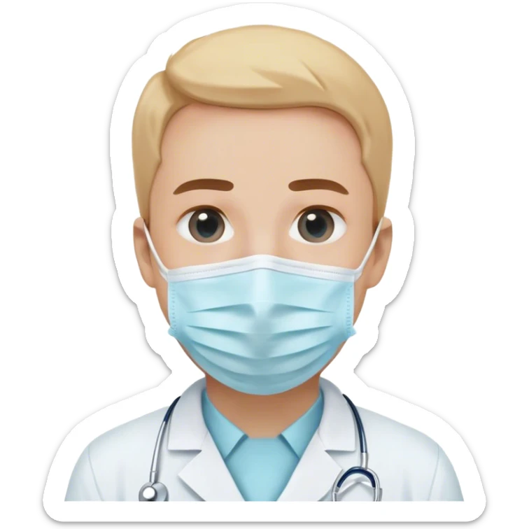 A minimalistic bust of a dentist wearing a white coat with a light blue shirt underneath. The figure has a simple white surgical mask covering the mouth and nose, with visible focused eyes. A small tooth icon is subtly placed on the coat instead of a red cross. The design is sleek and modern, with smooth lines and soft shading. The background features a minimal, abstract dental symbol such as a tooth outline or a small dental tool (mirror or scaler). No extra details, keeping a clean, professional, and minimalistic emoji style sticker