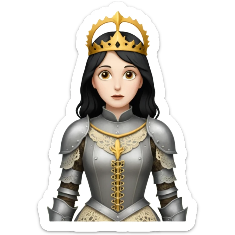 realistic cinematic actress Cher in Victorian lace styling like Joan of Arc dirty damaged armor in a forest sticker