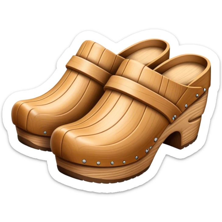 Cinematic Realistic Wooden Clogs Emoji, depicting the classic handcrafted footwear with a smooth, curved design and sturdy wooden soles, rendered with rich textures and warm, natural lighting. sticker
