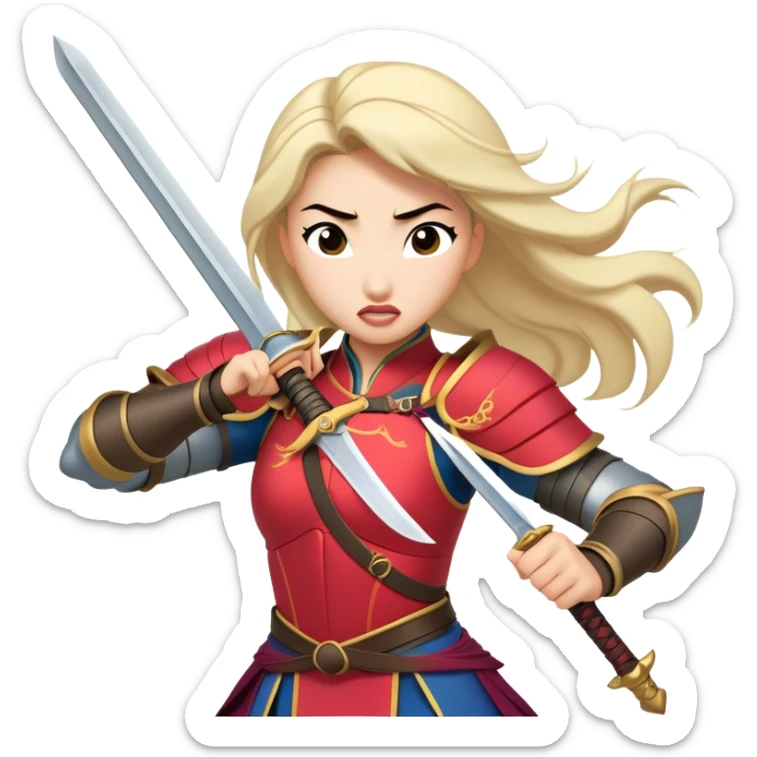 Cinematic Funny Mulan Portrait Emoji, Wearing her training armor too big, looking surprised as a sword nearly topples her over, a mix of warrior determination and hilarious inexperience, a comical yet endearing moment in her transformation! sticker