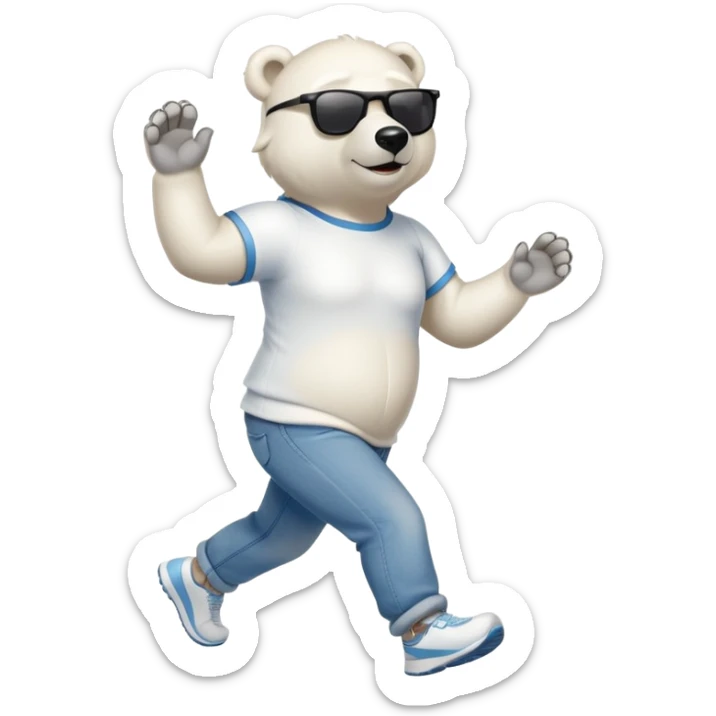 friendly anthropomorphised polar bear in jeans and a t-shirt, wearing dark sunglasses, jogging upright, standard pose sticker