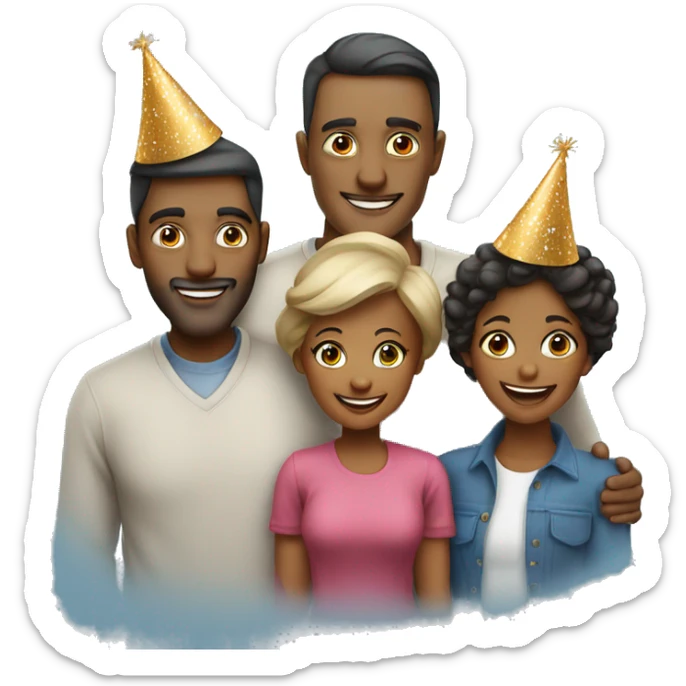  family of 4 people (man woman and 2 kids) celebrate new year in birthday hats sticker
