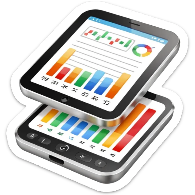 Photorealistic emoji of a compact device (handheld scanner) made of matte metal and glass. The bright, slightly reflective screen shows small colored bar charts/heatmap icons and language codes (EN, DE, 中文, العربية) plus a tiny analytics chart.  sticker