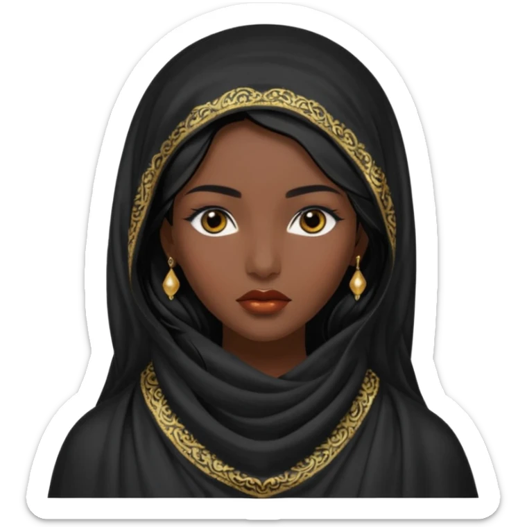 Apariencia: Mujer joven, morena, de gran belleza y porte misterioso.
-Rostro: Ojos grandes y negros, mirada intensa y fija; labios marcados.
-Cabello: Negro, largo y brillante, suele ir cubierto parcialmente por un velo o pañuelo oriental. sticker