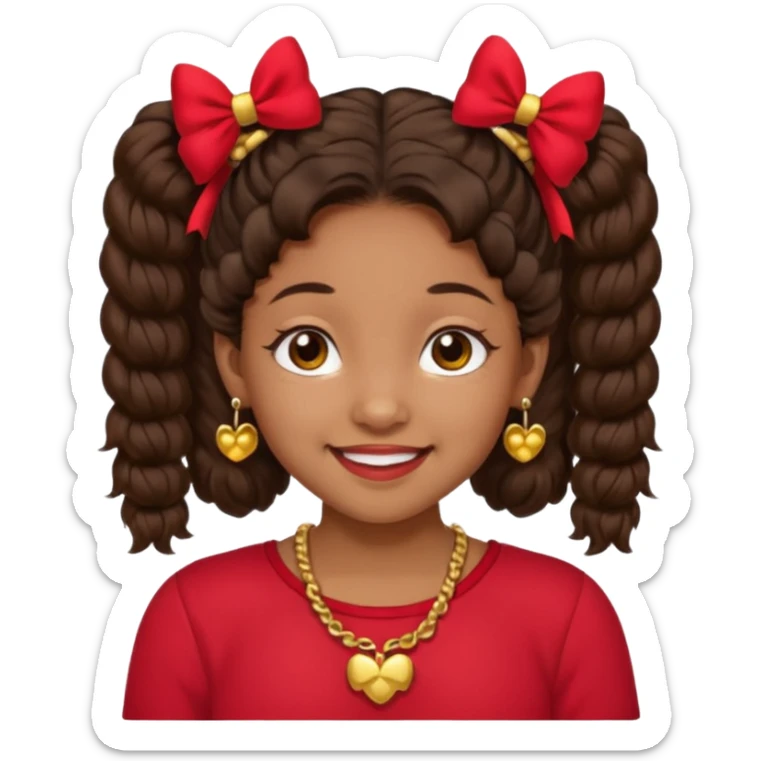 Brownskin girl dark brown hair fluffy. pigtails with red bows brown eyes smiling closed mouth red shirt gold esrrings gold necklace sticker