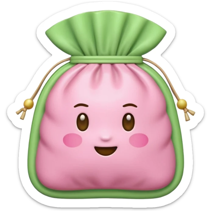A Korean fortune pouch (bokjumeoni) in iPhone emoji style, pastel pink and light green colors, soft 3D glossy texture, centered, no outlines, transparent background. no face sticker