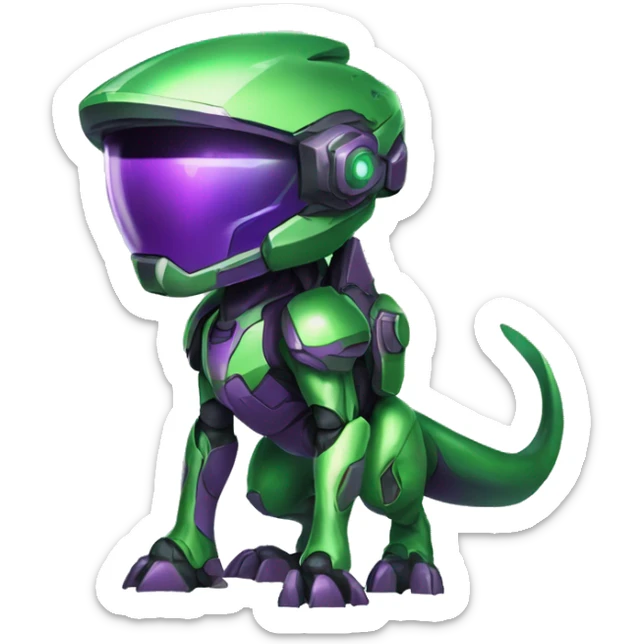 a chibi-style purple-green Genesect-Raptor-Fakémon—hybrid with a futuristic visor-helmet full body sticker