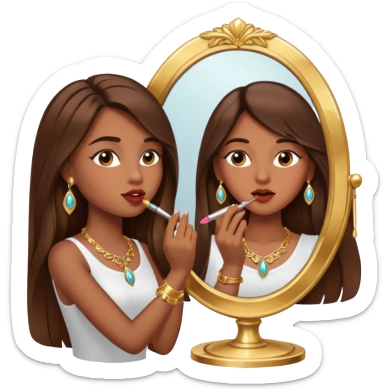 Girl with long brown hair, gold jewelry, and lashes, putting on lipgloss by a mirror  sticker
