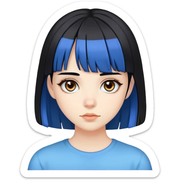 Pale girl with brown eyes, black hair with bangs, with two strips of blue hair sticker