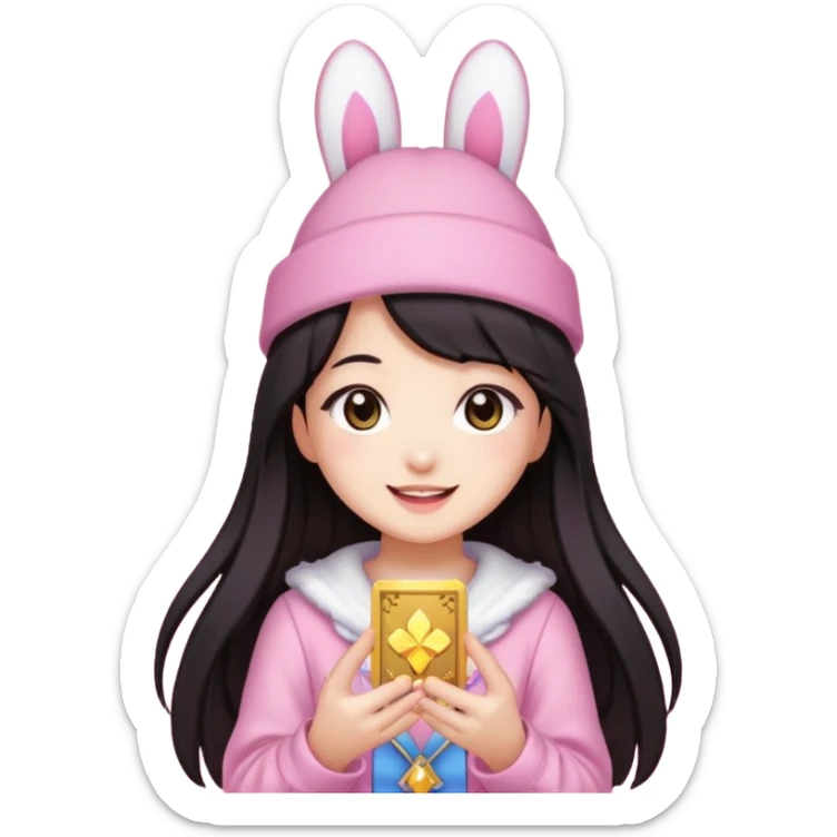 pixel art chibi asian girl with dark long hair in pink bunny hat magical girl with kawaii tarot cards thrown in air pixel emoji sticker