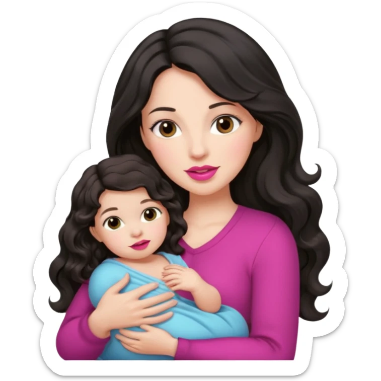 Beautiful Mother long black wavy  hair pink lipstick  holding 1 one infant brown hair fair skin sticker