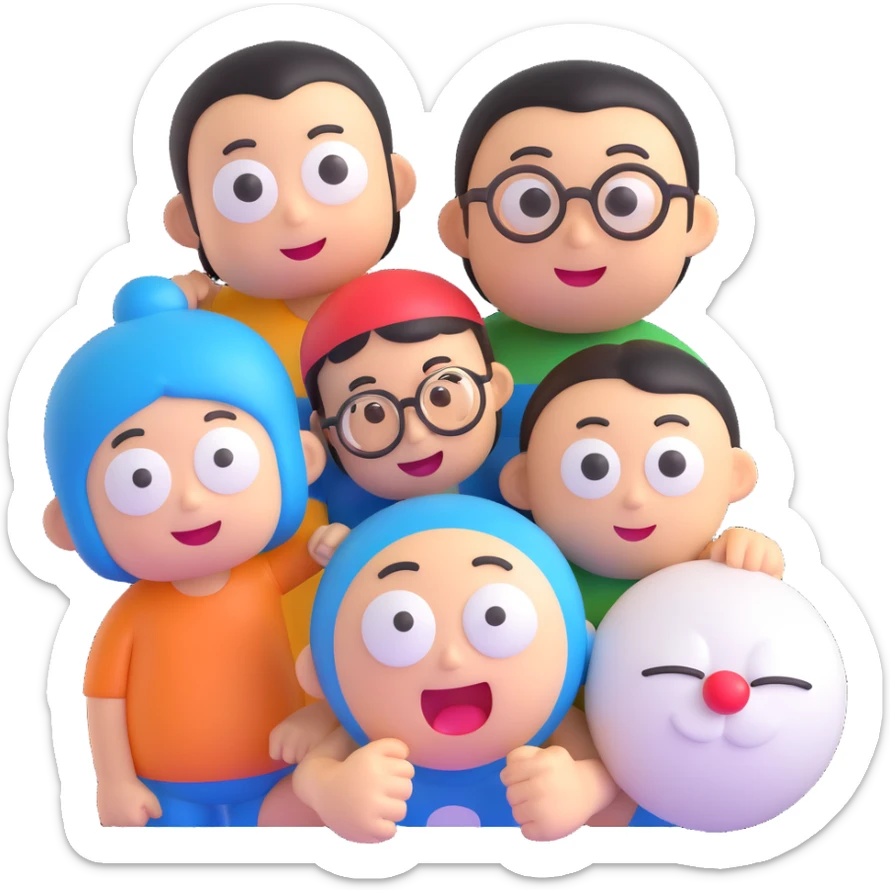 Add Nobita to the group with Doraemon and Shinchan in 3D emoji style, friendly interaction, no background, smooth and rounded 3D shapes with expressive faces. sticker