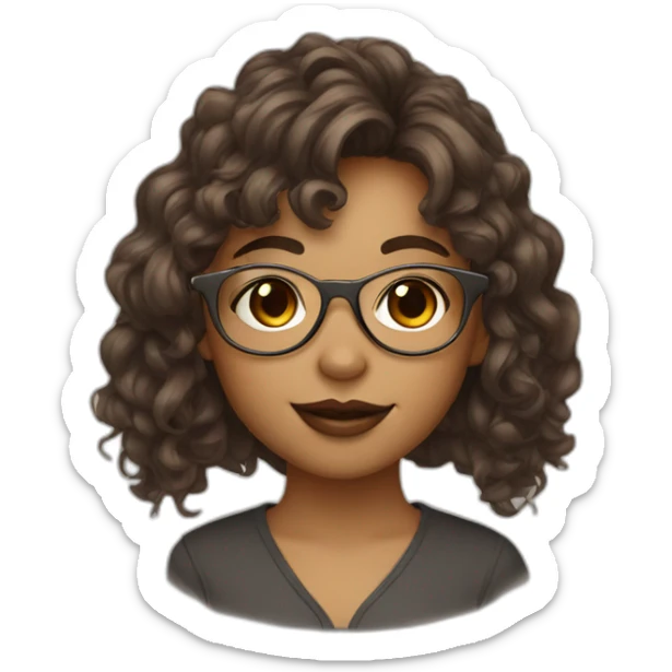a girl with brown wavy hair, bangs, brown eyes, a nose ring, and gold wireframe glasses  sticker