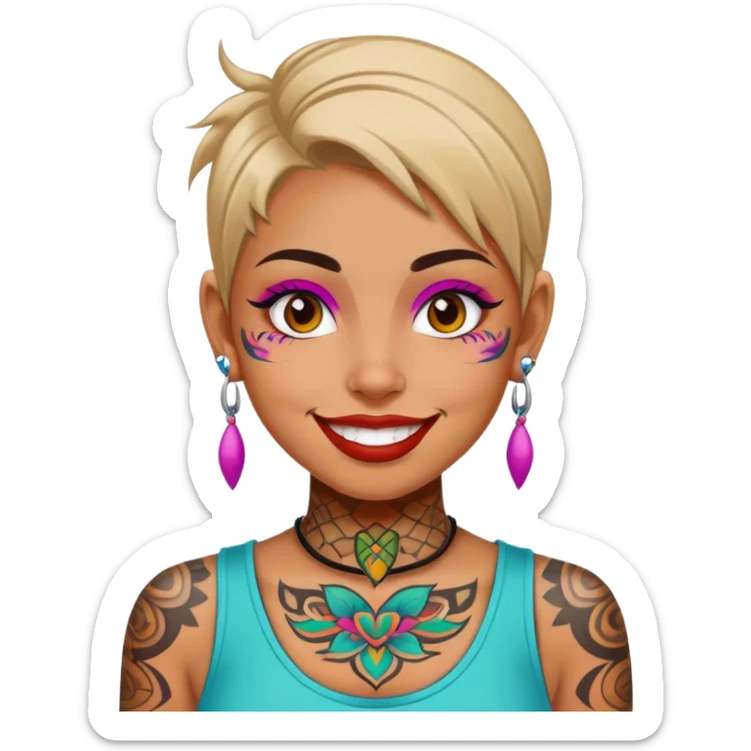 girl with bold face tattoos, happy face, wearing a colorful shirt sticker