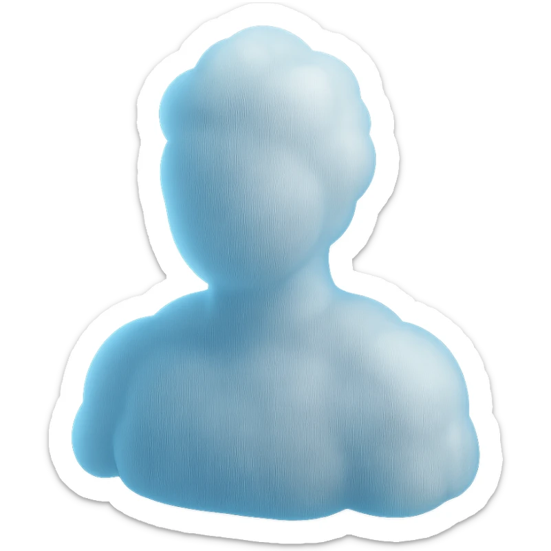 person made entirely of white fluffy convex clouds with a light blue tint, shoulder up, front view, matte glass style, no background sticker