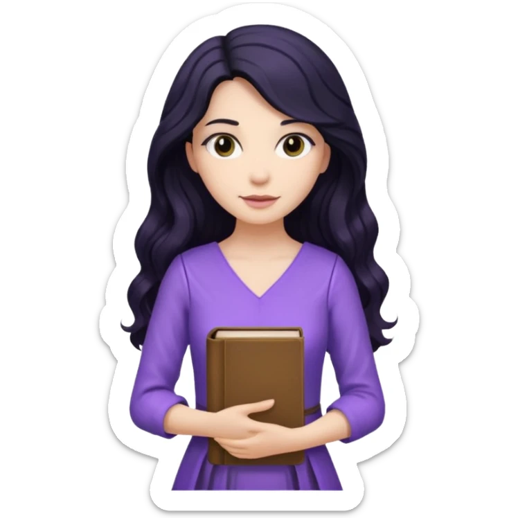 Long Hair Women with purple Book, Black wavy hair, light dress sticker