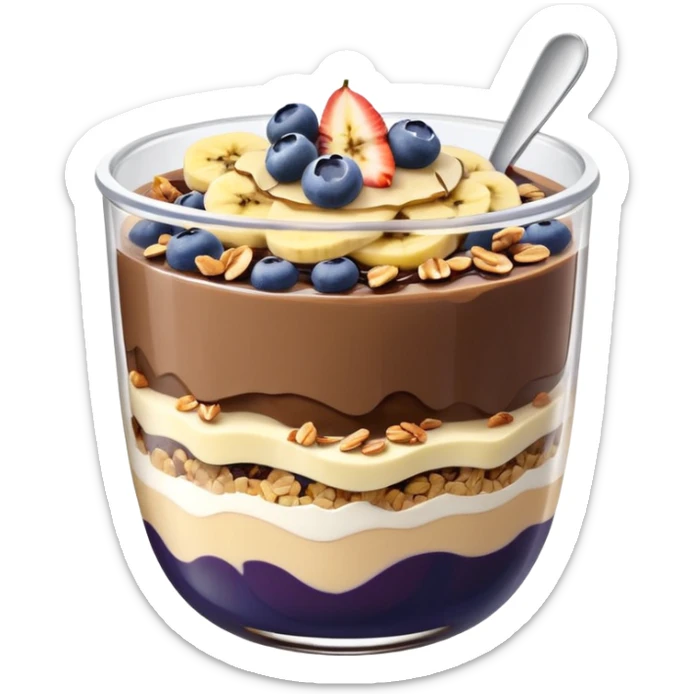 Açai bowl in a clear cup with layers of biscof , nutlella, granola, condensed milk and banana sliced and blueberrys on top sticker