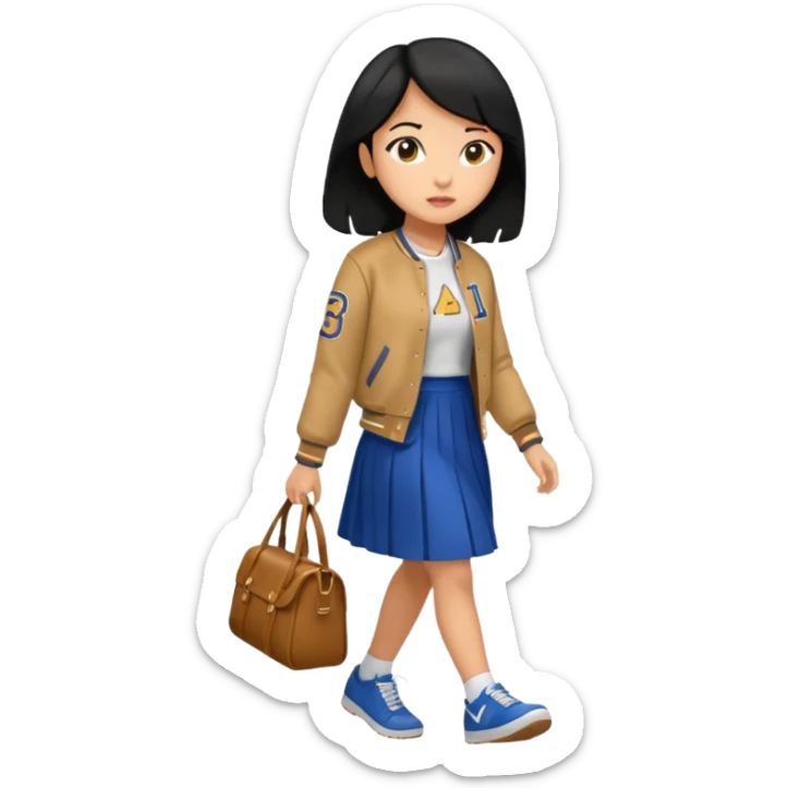 black color long hair girl with varsity jacket and long skirt walking  sticker