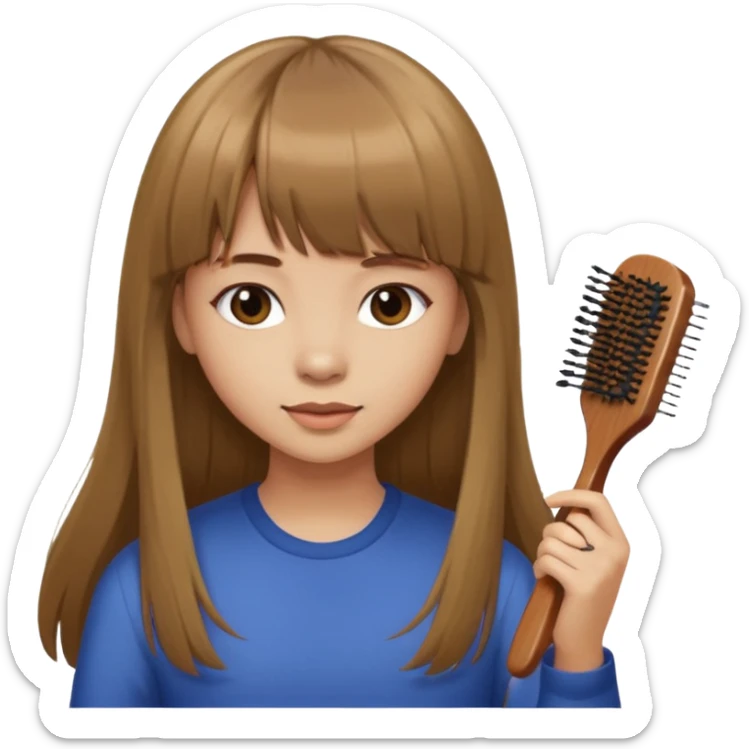 a girl with light skin and medium brown long hair with bangs who is brushing her hair sticker