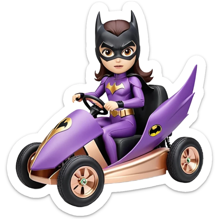 Hot full size real-appearance enclosed electric racing action BatGirl’s feminine midnight-colored tight outfit sixty’s tv show 1992 stealthy retro sporty safe plush petite off-road pursuit cruiser car rose gold accents (black hair,reclined and relaxed torso and shoulders seating position) go kart  sticker
