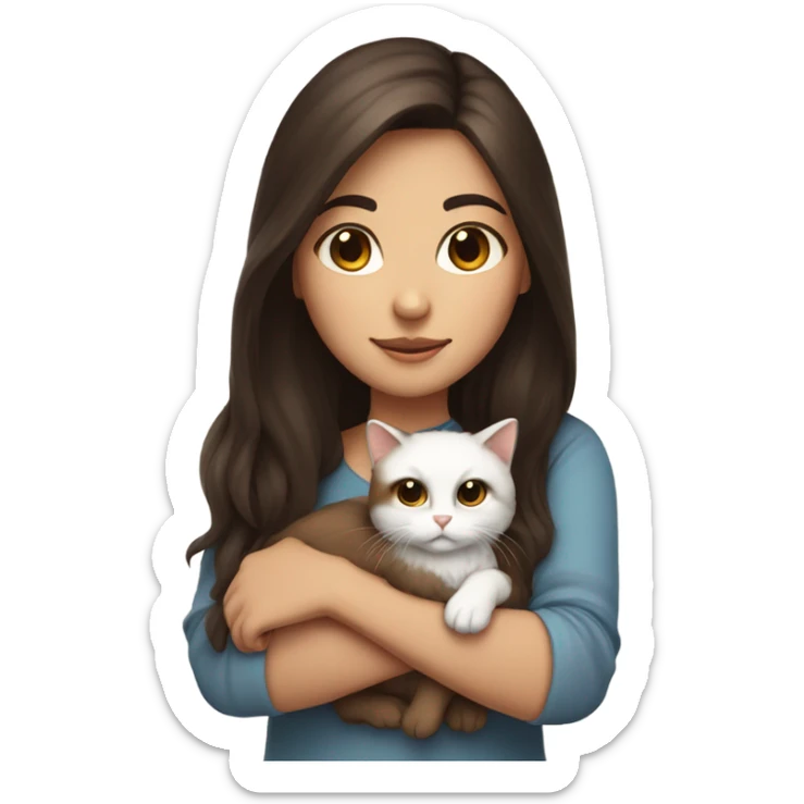 girl with dark brown hair and brown eyes, holding her brown and white cat with very long cat hair sticker
