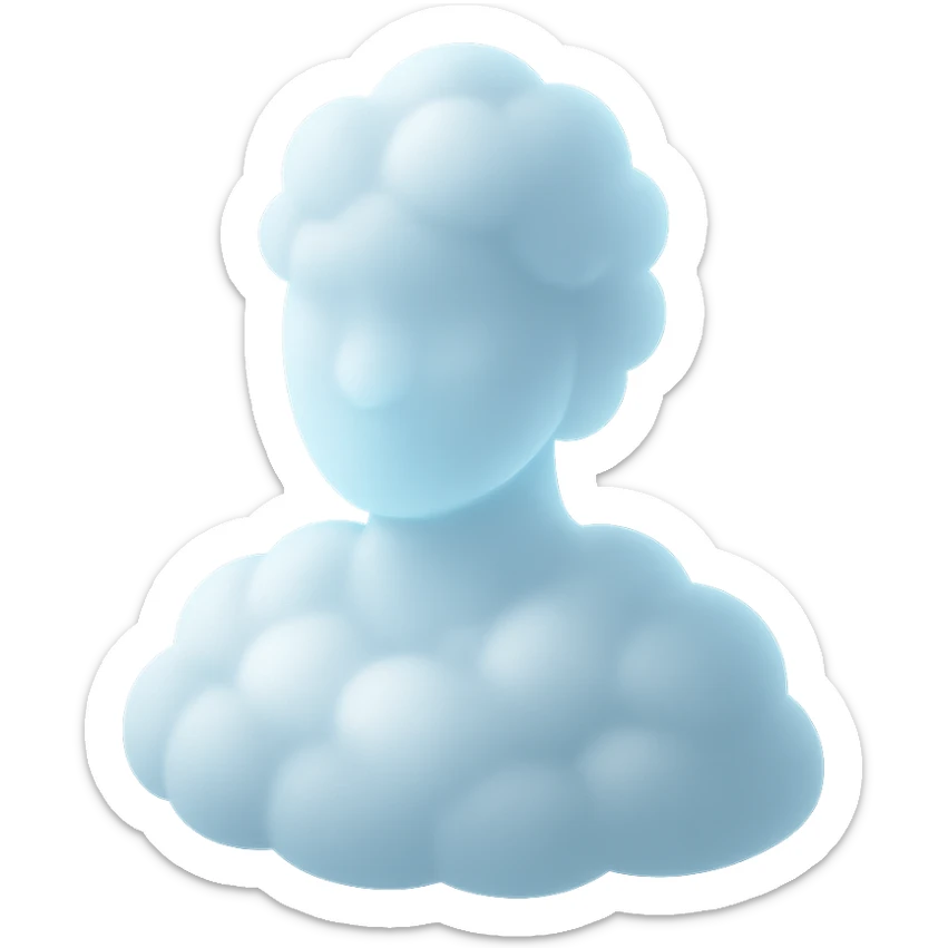 shoulder-up portrait of a person facing forward, fully composed of bright, convex clouds with soft glow, matte glass style sticker