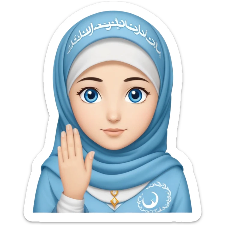 Turkish beautiful finish Konya girl blue eyes with cloudy hijab islamic dress and had on her hand text Eid Mubarak  sticker