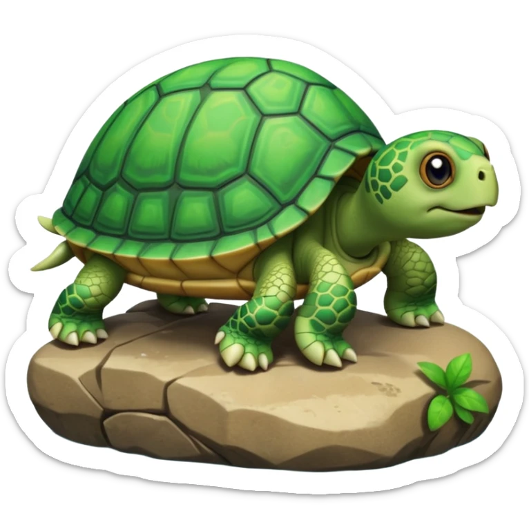 A 3D cartoon turtle climbing onto a rock near water, bright green shell, soft shading and smooth texture, cheerful and friendly expression. sticker