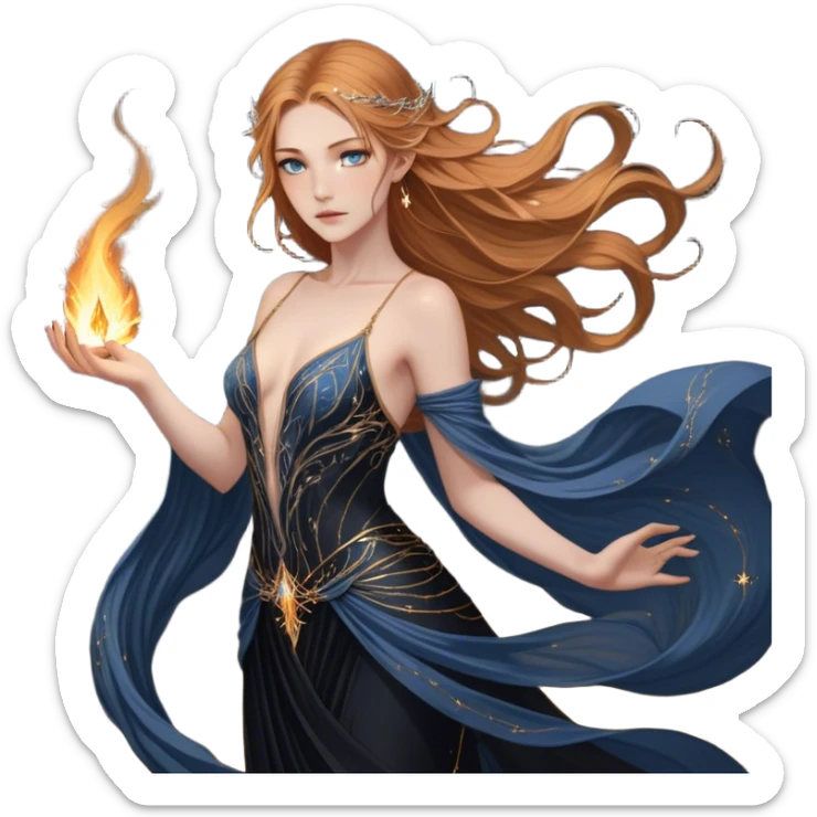 A fierce yet ethereal female High Fae with golden-brown hair cascading down her back, streaked with hints of sunlit gold. Her sharp, striking blue-gray eyes hold an unyielding fire. She wears a flowing black gown with constellations embroidered in silver thread, draping elegantly over her graceful frame. Her delicate hands bear golden tattoos, symbols of ancient magic binding her fate sticker