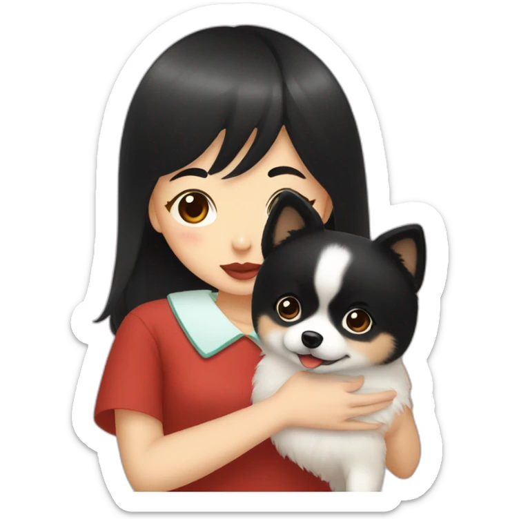 east asian girl with short black hair kissing pomeranian sticker