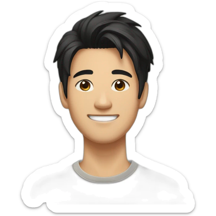 guy, black hair, medium length hair, in his 20s, very asian, smiling, t-shirt only, slight brown skin,  sticker