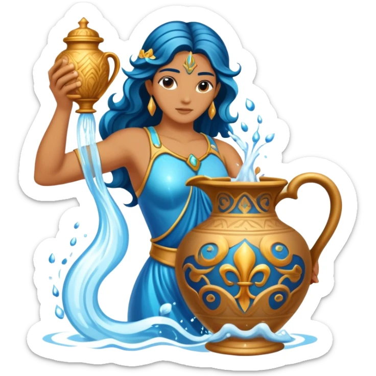 The zodiac symbol Aquarius. A mystical beautiful water bearer, pouring water from a large vase sticker